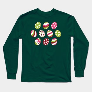 Egg Pattern | Pink Green | Stripes Clouds Flowers Dots | Dark Green Long Sleeve T-Shirt